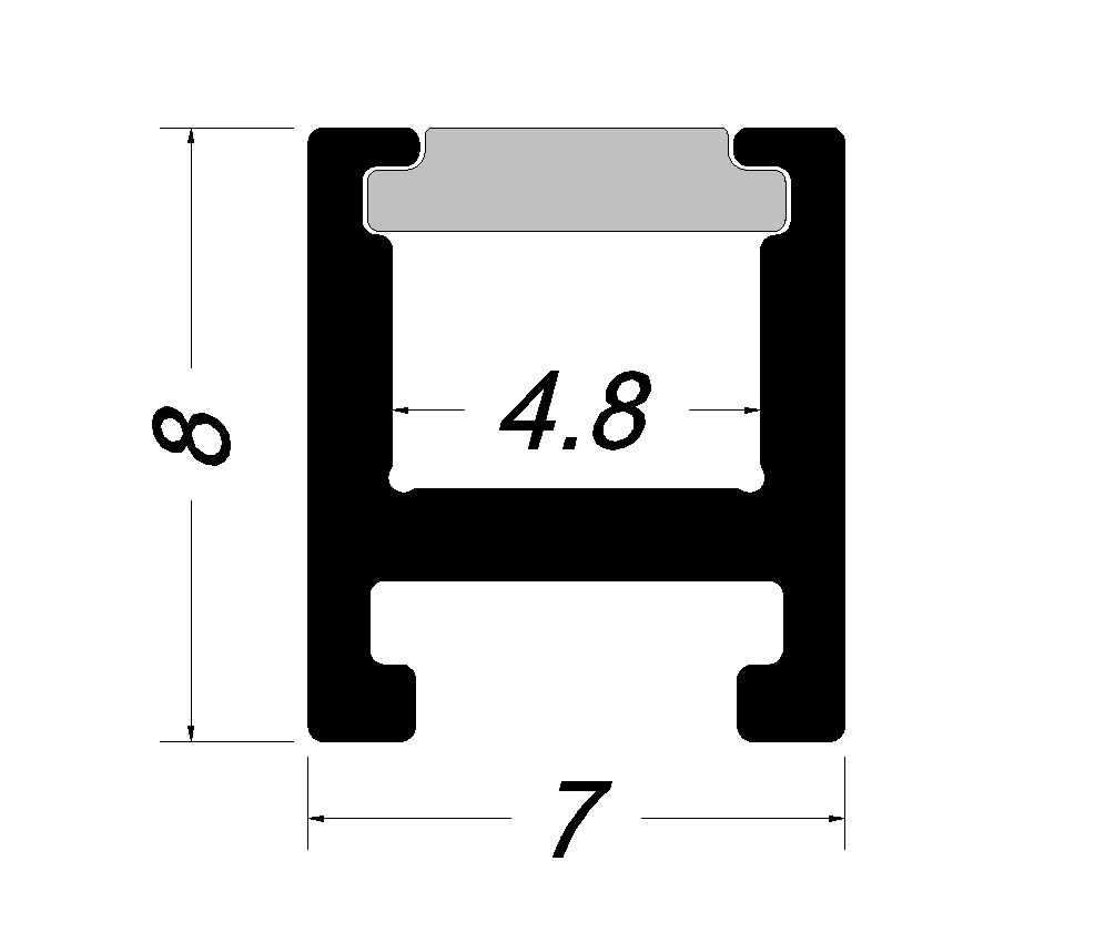 YD-2565 cross-section drawing: 4.8 mm internal channel, 7 mm external width, 8 mm external height, with PC diffuser capping the top of the aluminium profile